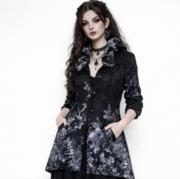 Vintage Jackets & Blazers - VTG Gothic Punk Whimsigoth Black Floral Lace Ruffled Collar Button Front Coat